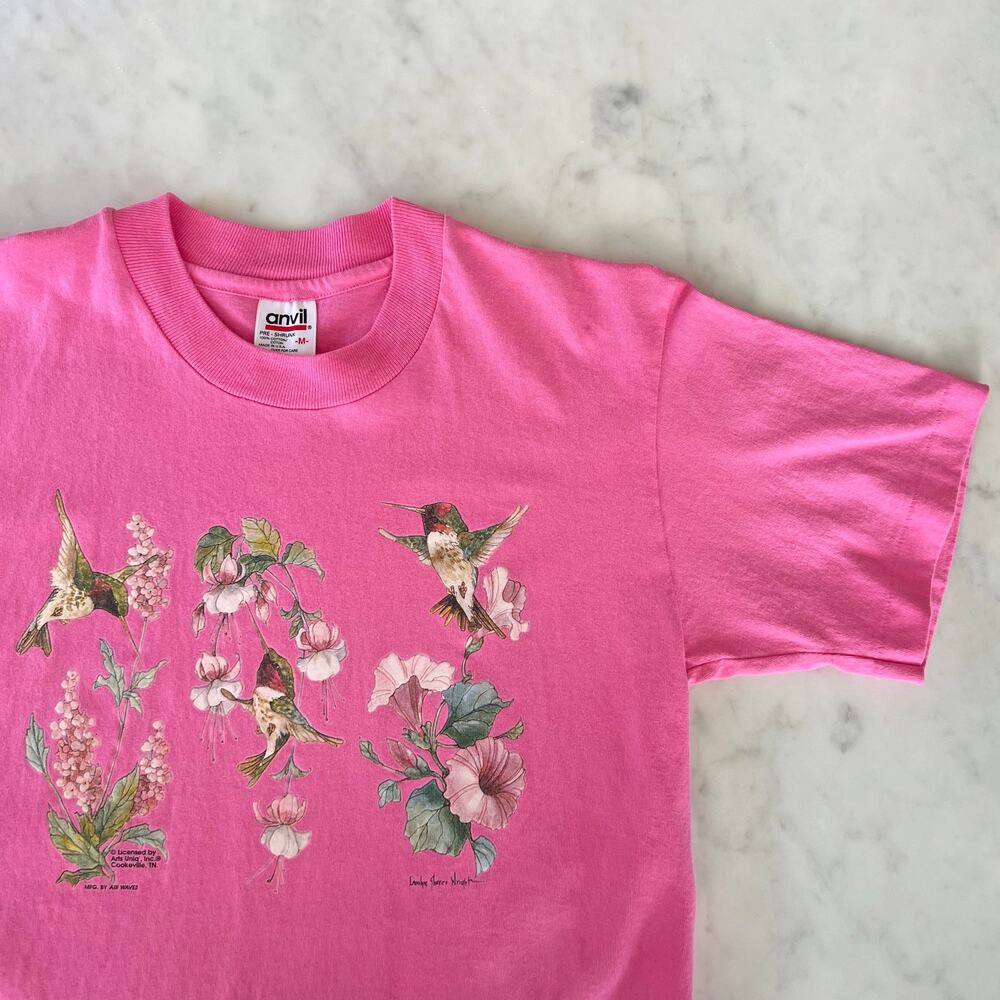 Vintage 90s Pink Hummingbird Floral T Shirt / Small
